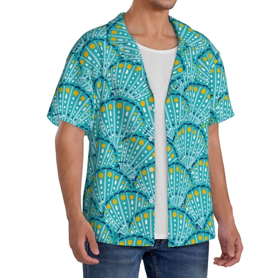 Lsque Beautiful Seashells print Men's Cuban Collar Short Sleeve Shirt Summer Beachwear Casual Button Down Fashionable Vacation Leisure Shirt-X-Large
