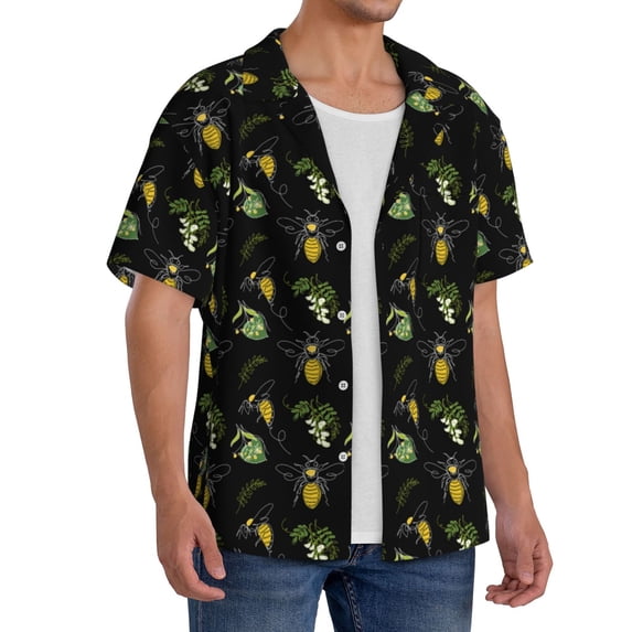 Lsque Bee Floral print Men's Cuban Collar Short Sleeve Shirt Summer Beachwear Casual Button Down Fashionable Vacation Leisure Shirt-XX-Large