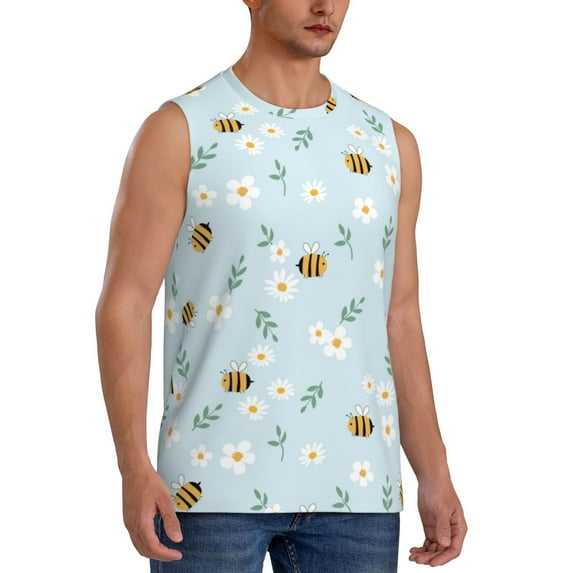 Lsque Bee Flower Print Men's Cotton Blend Sleeveless Muscle Shirts (S-3XL)- Moisture Wicking, Odor Protection, UPF 30+,Small