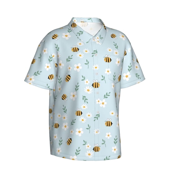 Lsque Bee Flower pattern Hawaiian Shirt for Men, Unisex Summer Beach Casual Short Sleeve Button Down Shirts-Small