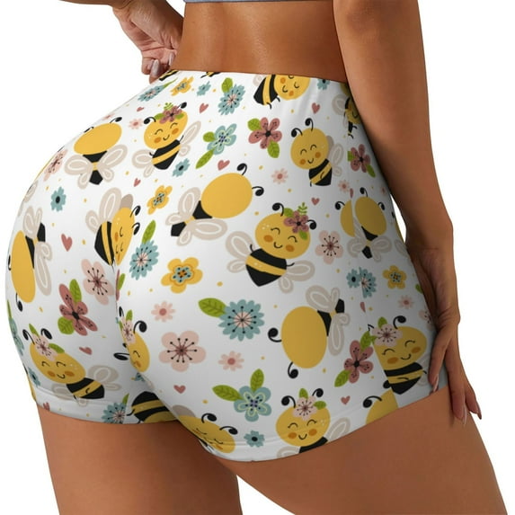 Lsque Bee and Flowers Pattern High Waisted Biker Shorts for Women-Tummy Control Fitness Athletic Workout Running Yoga Gym Shorts,Moisture-Wicking-XX-Large