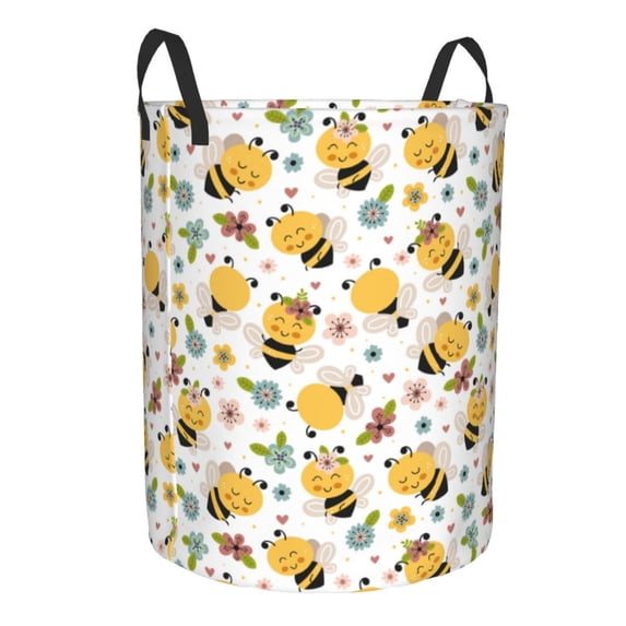 Lsque Bee and Flowers pattern Laundry Hamper Basket, Tall Woven Rope Hamper Basket for Clothes, Lightweight Storage Basket, Collapsible Waterproof-Medium