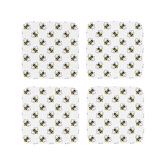 Lsque Bee Pattern 4" Drink Coasters Set of 4, PVC Leather Absorbent Coasters, Table Coaster Set Decorative Coffee Cup Coasters Housewarming Gift -Square