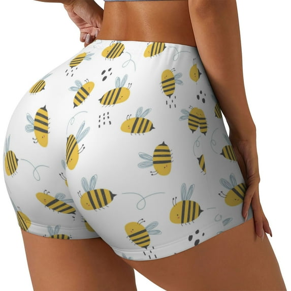 Lsque Bee Pattern High Waisted Biker Shorts for Women-Tummy Control Fitness Athletic Workout Running Yoga Gym Shorts,Moisture-Wicking-