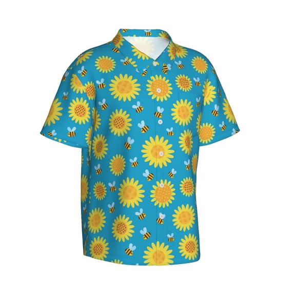 Lsque Bee Sunflower pattern Hawaiian Shirt for Men, Unisex Summer Beach Casual Short Sleeve Button Down Shirts-XX-Large