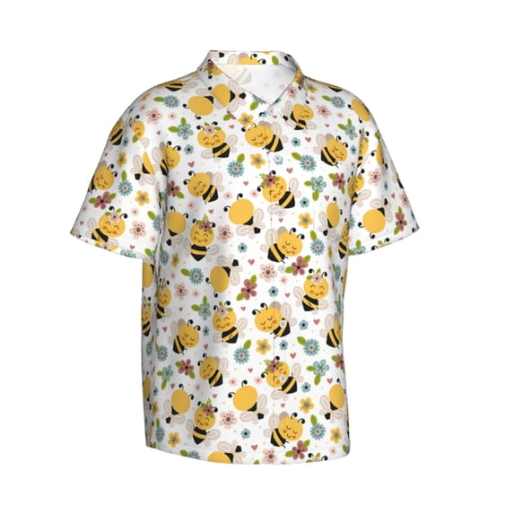 Lsque Bee and Flowers pattern Hawaiian Shirt for Men, Unisex Summer Beach Casual Short Sleeve Button Down Shirts-3X-Large