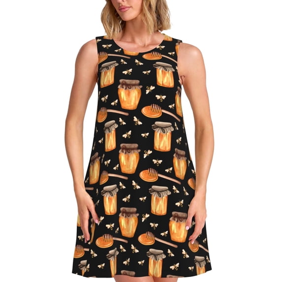 Lsque Bee and Honey Pattern Summer Dresses for Women – Sleeveless T-Shirt Swing Sundress, Perfect for the Beach and Casual Days