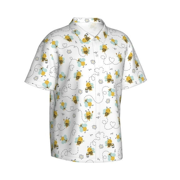 Lsque Bee pattern Hawaiian Shirt for Men, Unisex Summer Beach Casual Short Sleeve Button Down Shirts-Medium