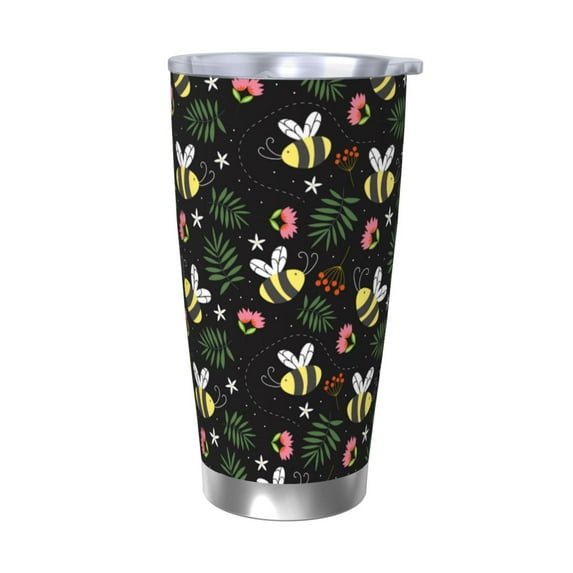 Lsque Bees Pattern 20oz Car Cup with Lid and Straw, Insulated Coffee Cup with Straw Topper, Spill Proof Travel Coffee Mug, Stainless Steel Tumble-Without Straw
