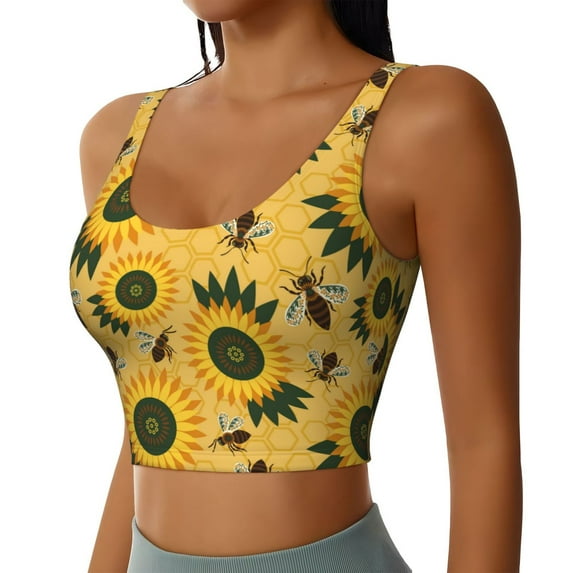 Lsque Bees and Sunflowers Printed Women'S Sports Bra, Compression, Moisture Wicking, High-Impact Sports Bra For Women,Supportive sports bra-Large
