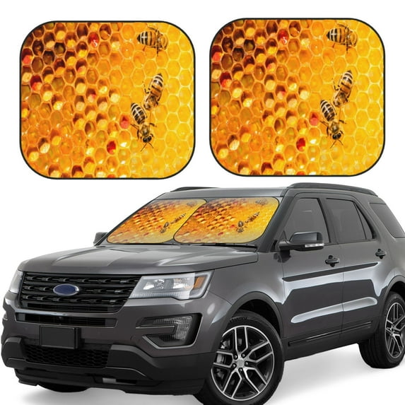 Lsque Bees on Hive Honeycomb 2 PCS Windshield Sun Shade | CarFoldable Window Covers | Car Accessories Reflect UV for Universal Cars SUV Truck | Small
