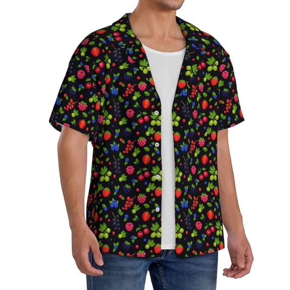 Lsque Berries print Men's Cuban Collar Short Sleeve Shirt Summer Beachwear Casual Button Down Fashionable Vacation Leisure Shirt-Medium