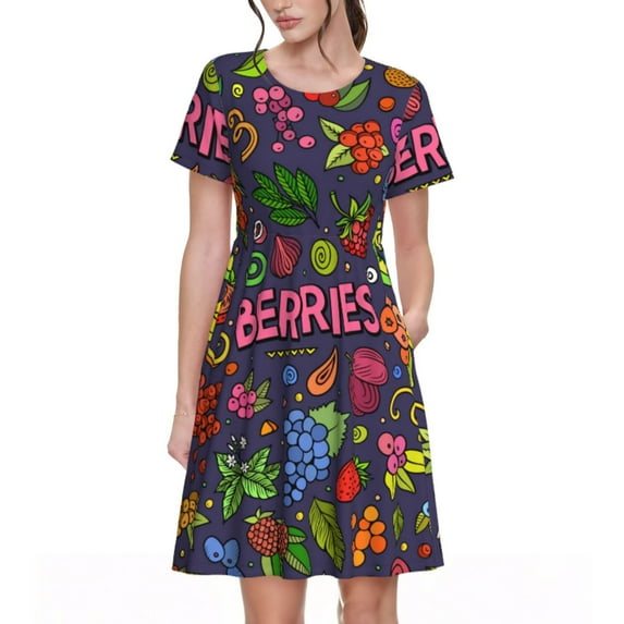 Lsque Berry Fruits Print Women's Casual Dress T-Shirt Summer Short Sleeve Scoop Neck Swing Dresses