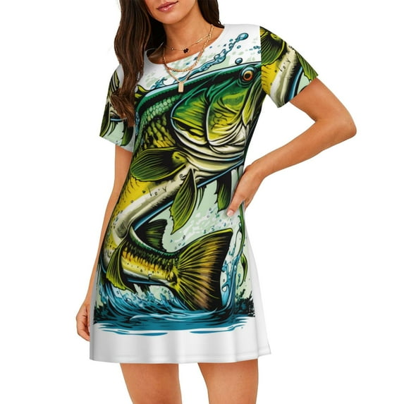 Lsque Big bass fish Pattern Nightgowns for Women Sleep Shirts Short Sleeve Nightshirt Pullover Nightdress Soft Sleepwear Relaxed Fit Nightdress