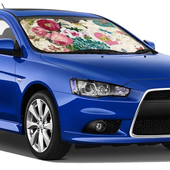 Lsque Bird Butterfly Rose Car Windshield Sun Shade | Accordion Folding Style Auto Shade for Car Truck SUV Van | Blocks UV Rays Sun Visor Protector | Small