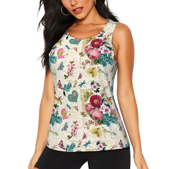 Lsque Bird Butterfly Rose Printed Workout Tank Tops for Women, Athletic Sports Tank Tops, Compression Sleeveless Dry Fit Shirts,Sleeveless Yoga Shirt-Large