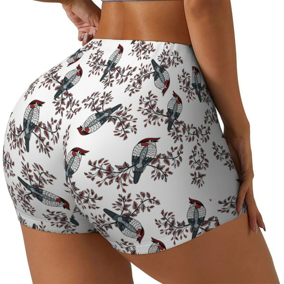 Lsque Bird Pattern High Waisted Biker Shorts for Women-Tummy Control Fitness Athletic Workout Running Yoga Gym Shorts,Moisture-Wicking-X-Large