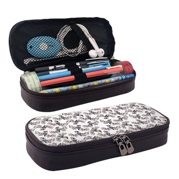Lsque Bird Printed Big Capacity PU Leather Pencil Case Large Pencil Pouch Stationery Pen Bag Pencil Holder for Teen