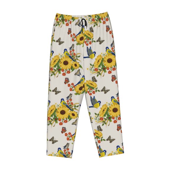 Lsque Bird Sunflowers Print Women's Pajama Pants, Lounge Pant - Comfortable Home Wear,Elastic Waistband, Stylish Design-Small