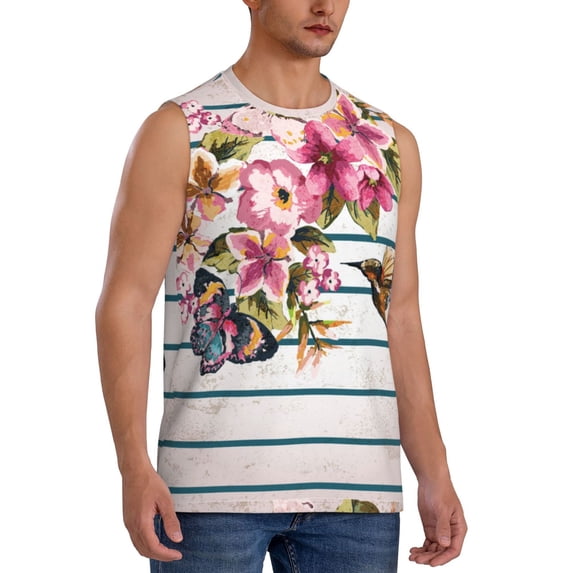 Lsque Bird and Floral Print Men's Cotton Blend Sleeveless Muscle Shirts (S-3XL)- Moisture Wicking, Odor Protection, UPF 30+,Medium
