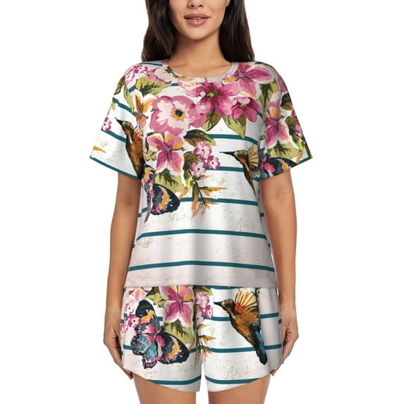 Lsque Bird and Floral Women's Short-Sleeved Pajama Set - 2 Piece Soft and Lightweight Sleepwear Set-