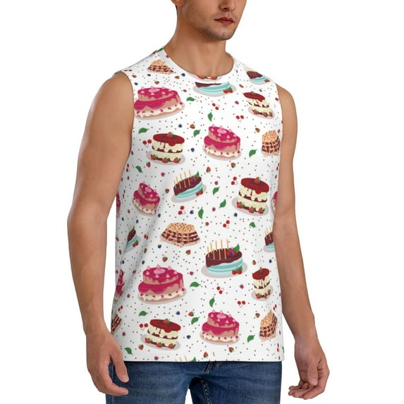 Lsque Birthday Cake Print Men's Cotton Blend Sleeveless Muscle Shirts (S-3XL)- Moisture Wicking, Odor Protection, UPF 30+,XX-Large