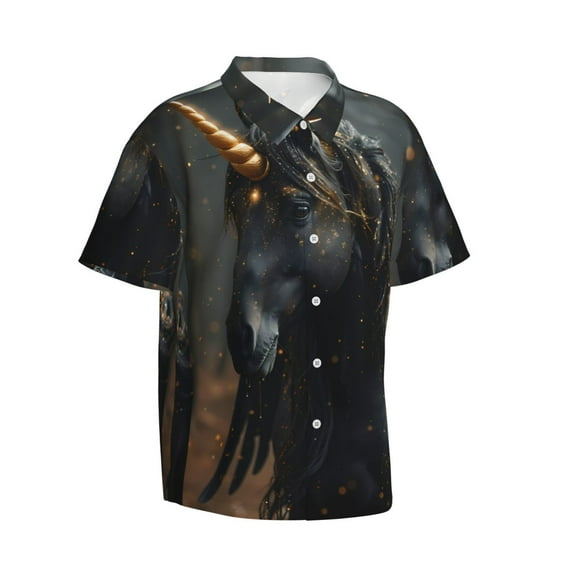 Lsque Black And Gold White Horse pattern Hawaiian Shirt for Men, Unisex Summer Beach Casual Short Sleeve Button Down Shirts-X-Large