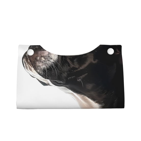 Lsque Black And White Boston Terrier Printed Long Tissue Box Cover Holder, Facial Paper Organizer Dispenser,Triangle with Bottom Belt, PVC Leather Decorative Organizer