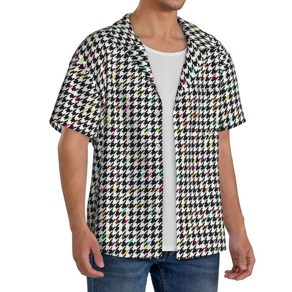 Lsque Black And White Houndstooth print Men's Cuban Collar Short Sleeve Shirt Summer Beachwear Casual Button Down Fashionable Vacation Leisure Shirt-Large