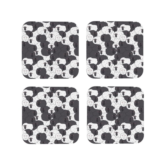 Lsque Black And White Sheeps Pattern 4" Drink Coasters Set of 4, PVC Leather Absorbent Coasters, Table Coaster Set Decorative Coffee Cup Coasters Housewarming Gift -Square