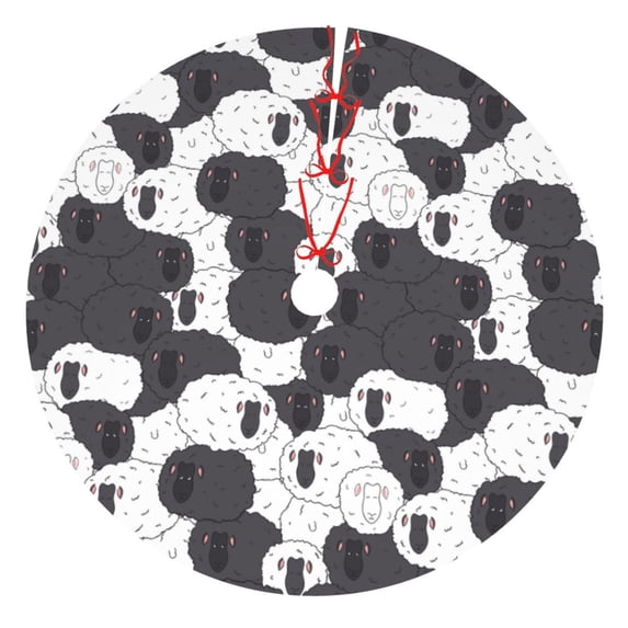 Lsque Black And White Sheeps Print Christmas Tree Skirt, Tree Skirt with Ties or Velcro, Perfect for Holiday Decorations, Halloween, and New Year-30"