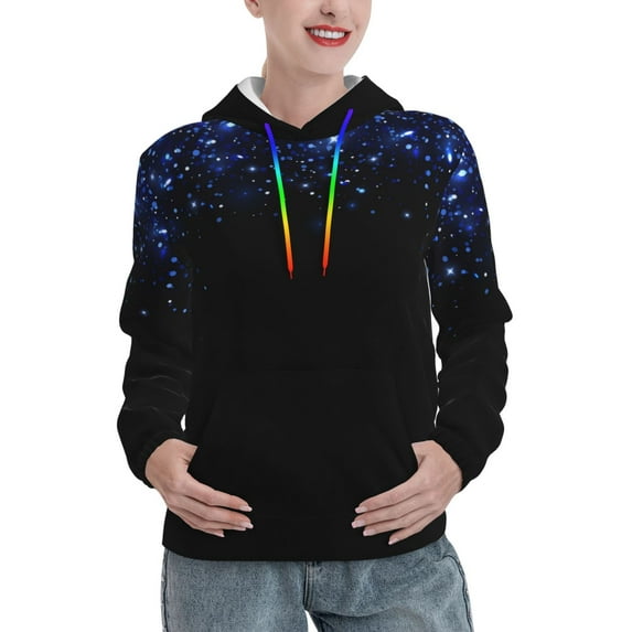 Lsque Black Blue Glitter Sparkles Pattern Casual Women's Hoodie,Hooded Sweatshirt with Kangaroo Pocket,Pullover Hoodie with Eye-catching Drawstrings-Medium