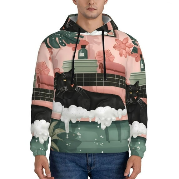 Lsque Black Cat Pink Bathroom Pattern Casual Men's Hoodie,Hooded Sweatshirt with Kangaroo Pocket,Pullover Hoodie-XX-Large