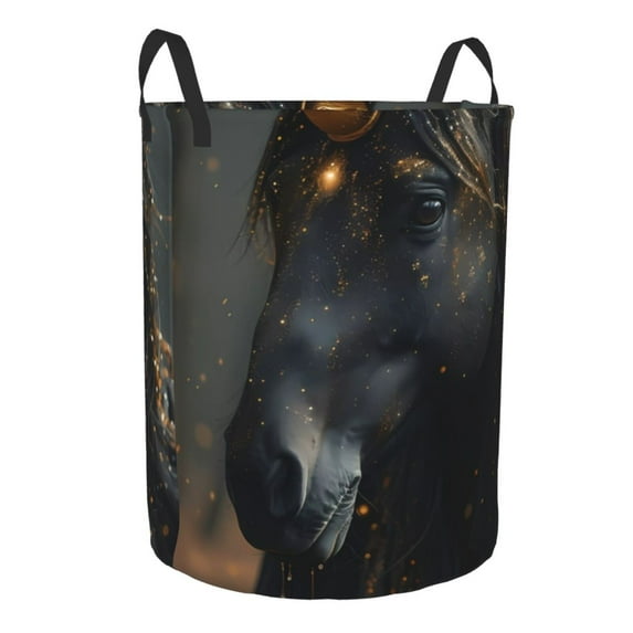 Lsque Black And Gold White Horse pattern Laundry Hamper Basket, Tall Woven Rope Hamper Basket for Clothes, Lightweight Storage Basket, Collapsible Waterproof-