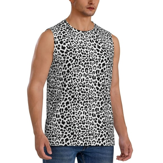 Lsque Black Leopard Print Men's Cotton Blend Sleeveless Muscle Shirts (S-3XL)- Moisture Wicking, Odor Protection, UPF 30+,Large