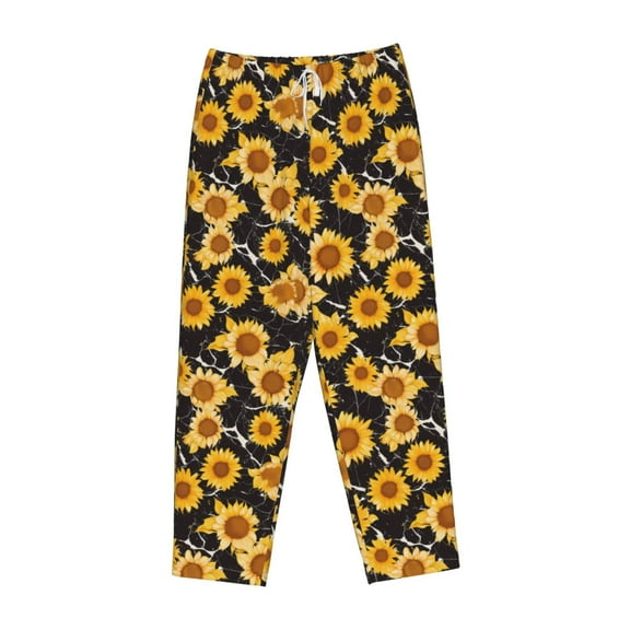 Lsque Black Marble Pattern Sunflower Print Women's Pajama Pants, Lounge Pant - Comfortable Home Wear,Elastic Waistband, Stylish Design-Medium