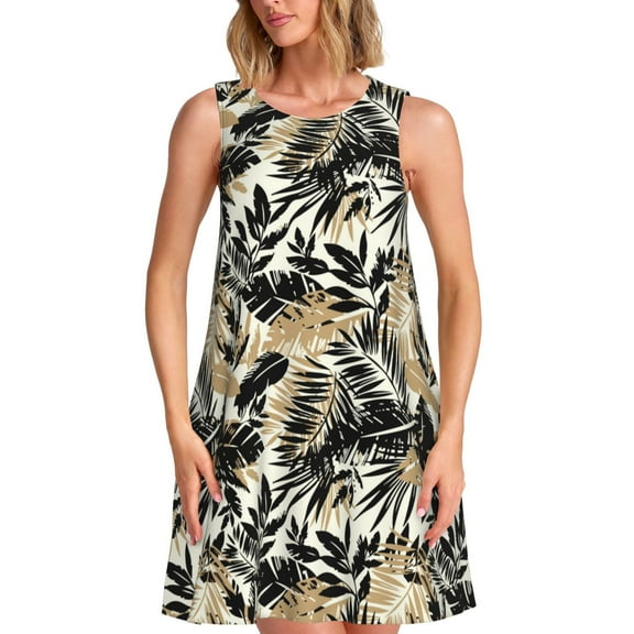Lsque Black Palm Leaves Pattern Summer Dresses for Women – Sleeveless T-Shirt Swing Sundress, Perfect for the Beach and Casual Days