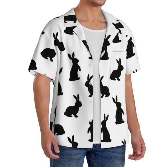Lsque Black Rabbit print Men's Cuban Collar Short Sleeve Shirt Summer Beachwear Casual Button Down Fashionable Vacation Leisure Shirt-Medium