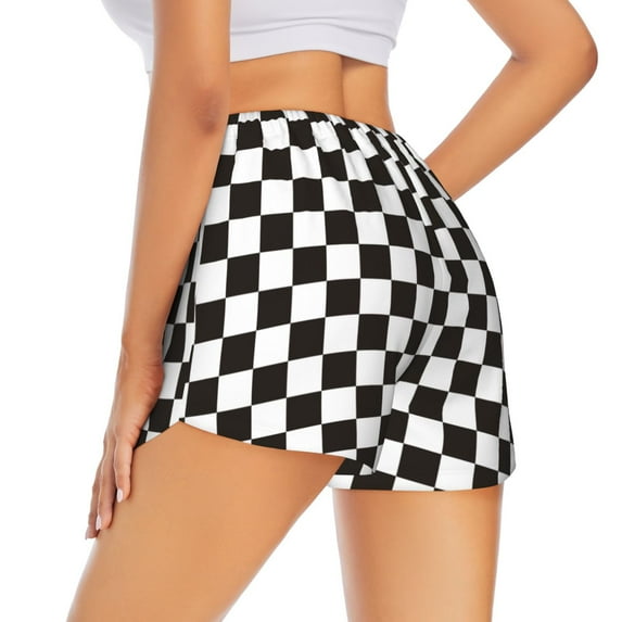 Lsque Black and White Checkerboard Printed Women's Running Shorts with Liner Pockets,Elastic Quick Dry Workout Athletic Gym Yoga Shorts,Womens High Waist Shorts-Large