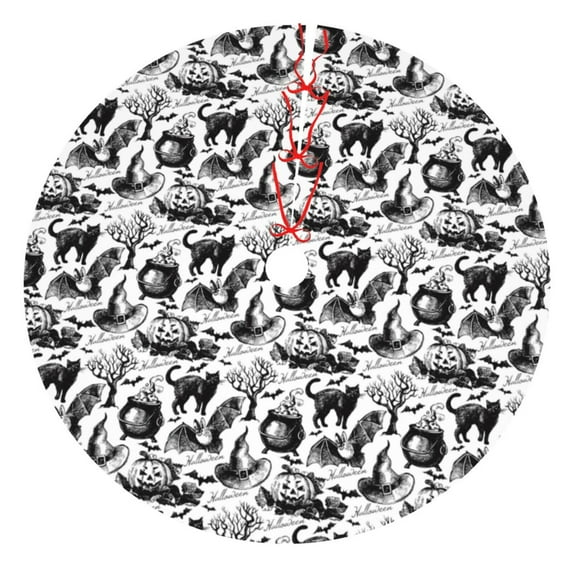 Lsque Black White Halloween Print Christmas Tree Skirt, Tree Skirt with Ties or Velcro, Perfect for Holiday Decorations, Halloween, and New Year-36"