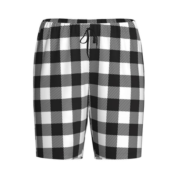 Lsque Black White Plaid Mens Sleep Pajama Shorts,Short Pajama Pants, Cotton Ultra-Soft Knit-Medium