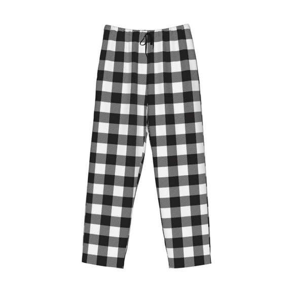 Lsque Black White Plaid Print Men's Pajama Pants, Lounge Pant - Comfortable Home Wear,Elastic Waistband, Stylish Design-