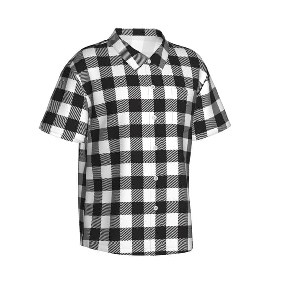 Lsque Black White Plaid pattern Hawaiian Shirt for Men, Unisex Summer Beach Casual Short Sleeve Button Down Shirts-