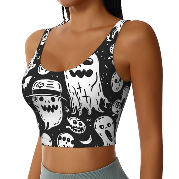 Lsque Black White Spooky Ghosts Printed Women'S Sports Bra, Compression, Moisture Wicking, High-Impact Sports Bra For Women,Supportive sports bra-XX-Large