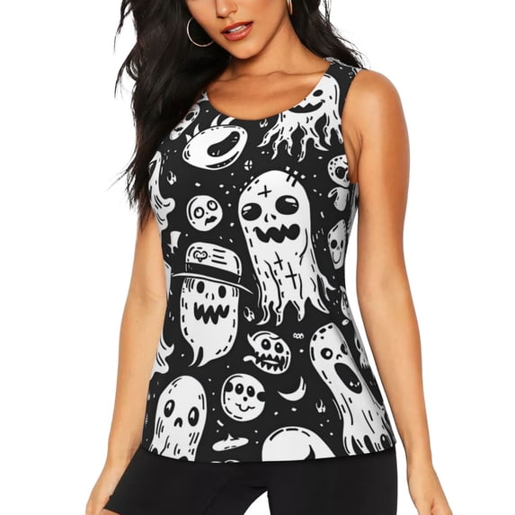 Lsque Black White Spooky Ghosts Printed Workout Tank Tops for Women, Athletic Sports Tank Tops, Compression Sleeveless Dry Fit Shirts,Sleeveless Yoga Shirt-XX-Large