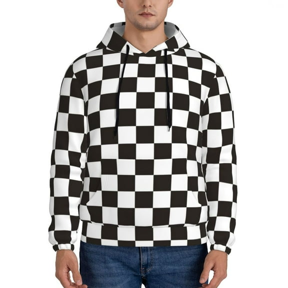 Lsque Black and White Checkerboard Pattern Casual Men's Hoodie,Hooded Sweatshirt with Kangaroo Pocket,Pullover Hoodie-X-Large