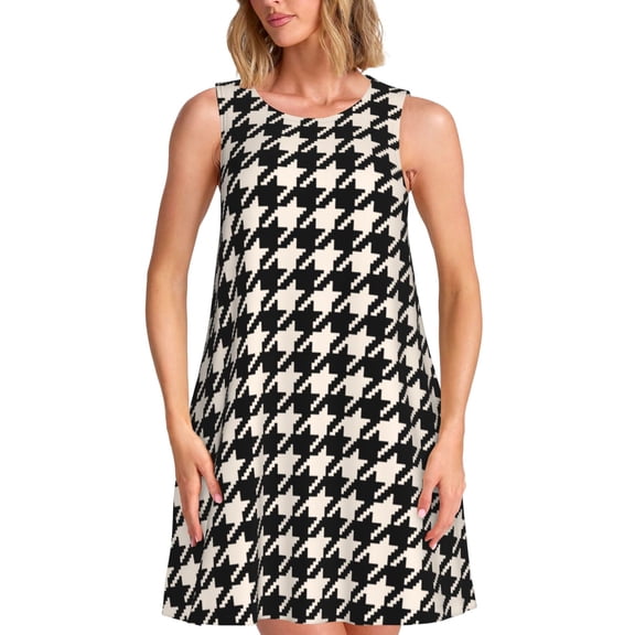 Lsque Black and white houndstooth Pattern Summer Dresses for Women – Sleeveless T-Shirt Swing Sundress, Perfect for the Beach and Casual Days