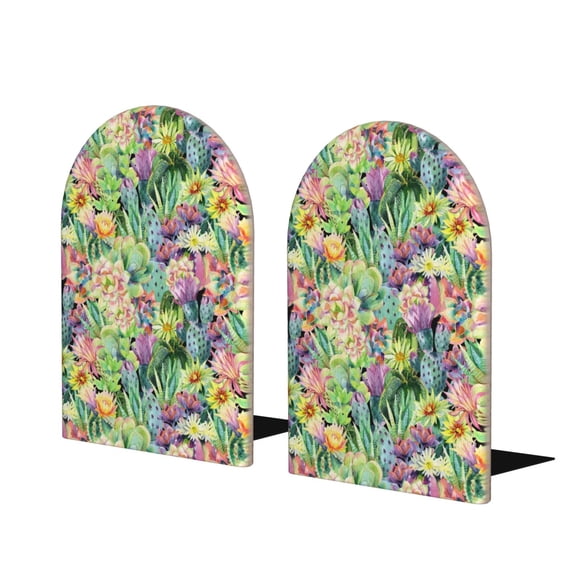 Lsque Blooming Cactus Printed Wood Bookends,Non-Skid Bookend for Shelves,Heavy Duty Support Bookends,Non-Slip Foam Pads for Office, Home, and Library,1 Pair