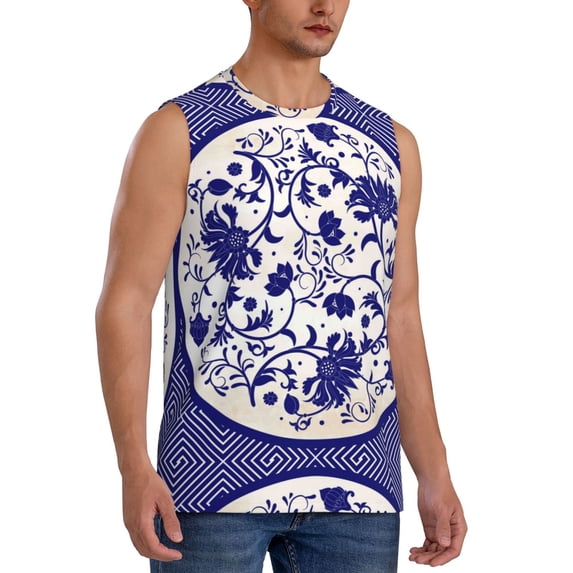 Lsque Blue And White Porcelain Pattern Print Men's Cotton Blend Sleeveless Muscle Shirts (S-3XL)- Moisture Wicking, Odor Protection, UPF 30+,Medium