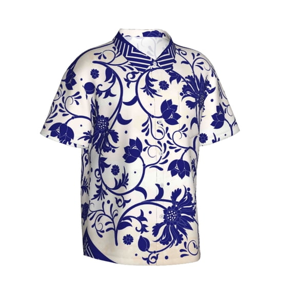 Lsque Blue And White Porcelain Pattern pattern Hawaiian Shirt for Men, Unisex Summer Beach Casual Short Sleeve Button Down Shirts-Large